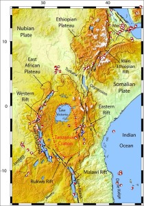 Topography and major active faults (black lines) in the East African Rift.