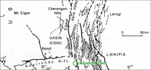 Fault pattern in northern Kenya. This should show many more faults now, 45 years of research later. Yet it does give an impression. Approx. location of Menengai in Green. (From: Baker, et al., 1972, cropped to show S part only)